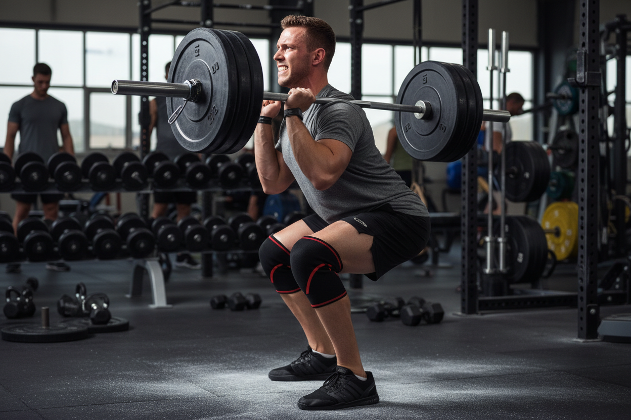 Athlete squatting with knee sleeves