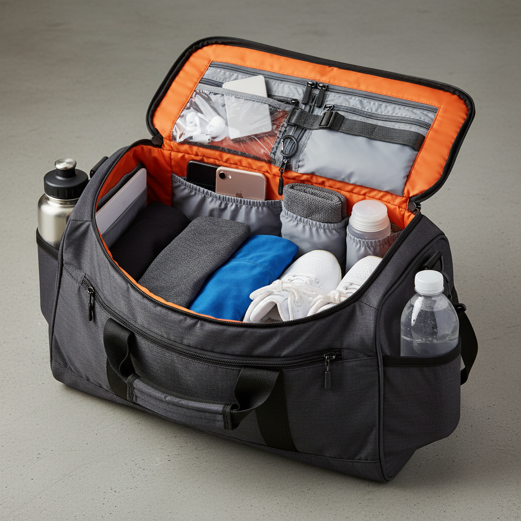 Gym bag interior with organized contents