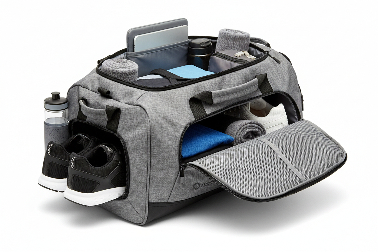 Gym bag shoe compartment open