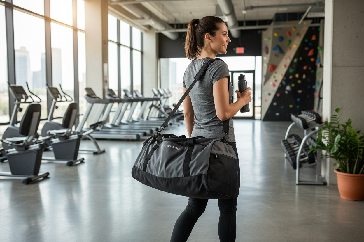 Person carrying gym duffel bag