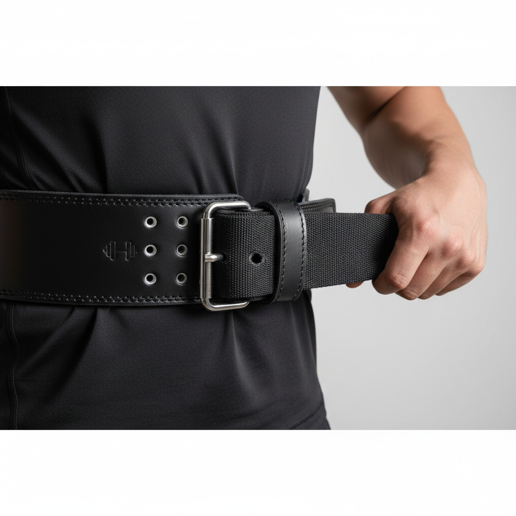 Weightlifting belt buckle close-up